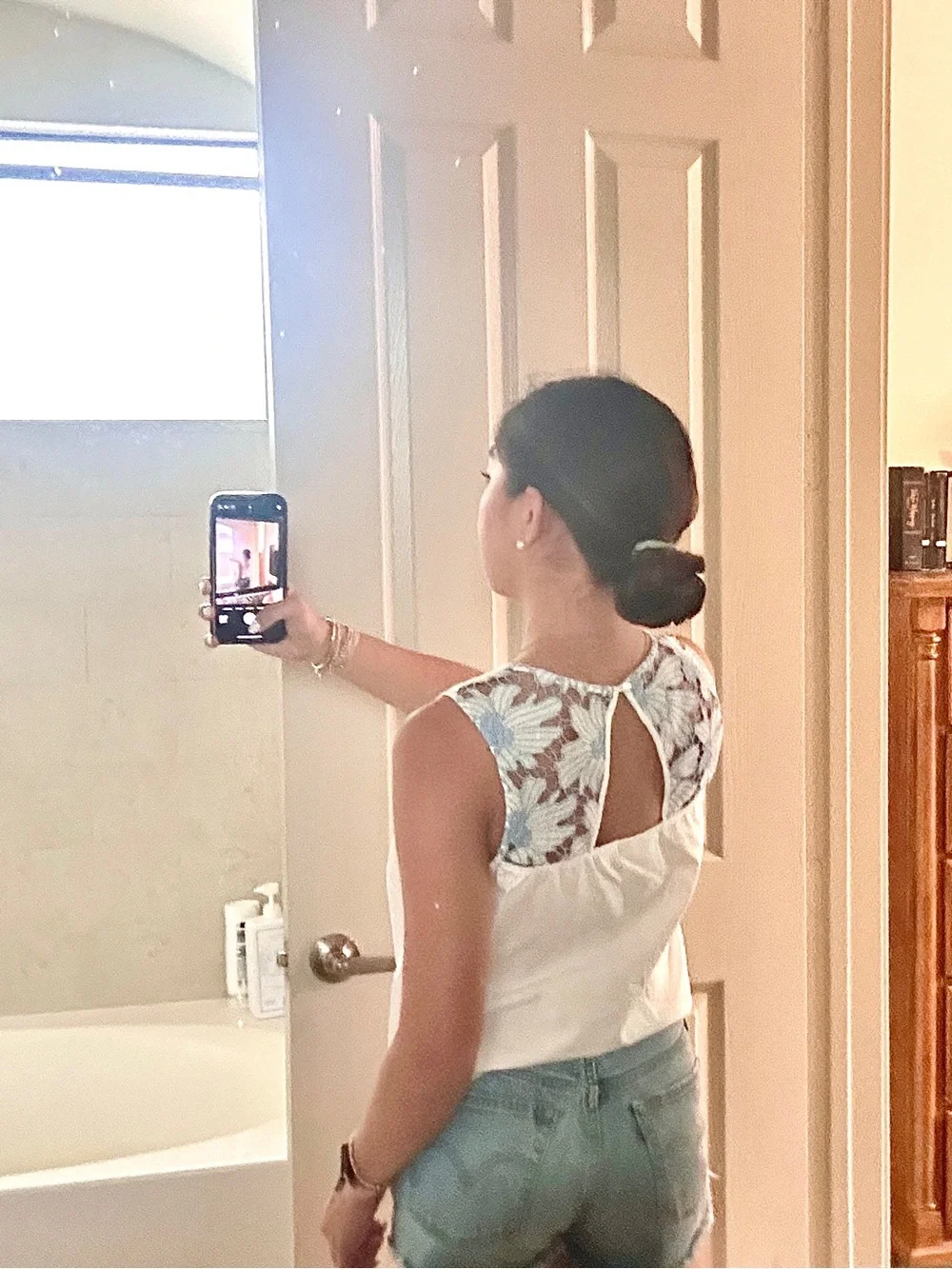 Anthropologie White Tank with Blue Floral Lace